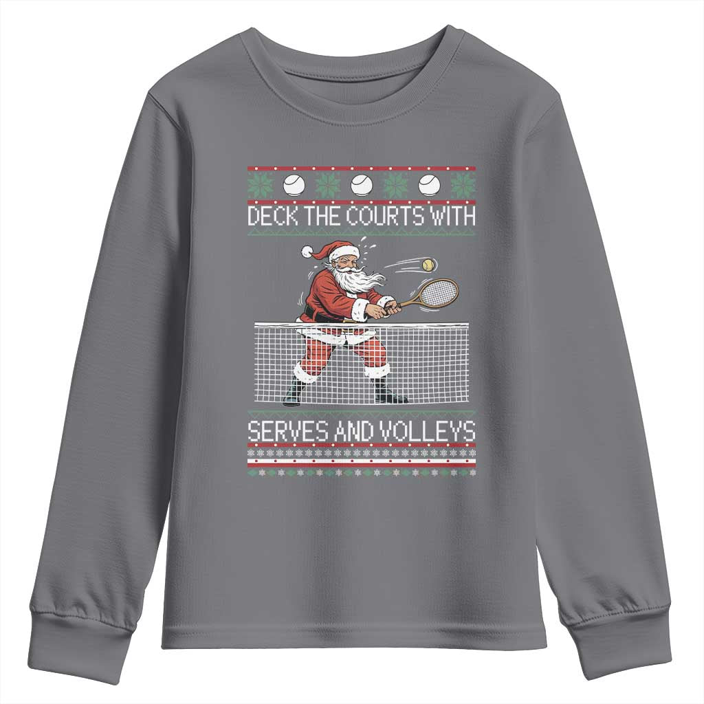 Deck The Courts With Serves And Volleys Youth Sweatshirt Funny Tennis Ugly Christmas TS12 Charcoal Print Your Wear