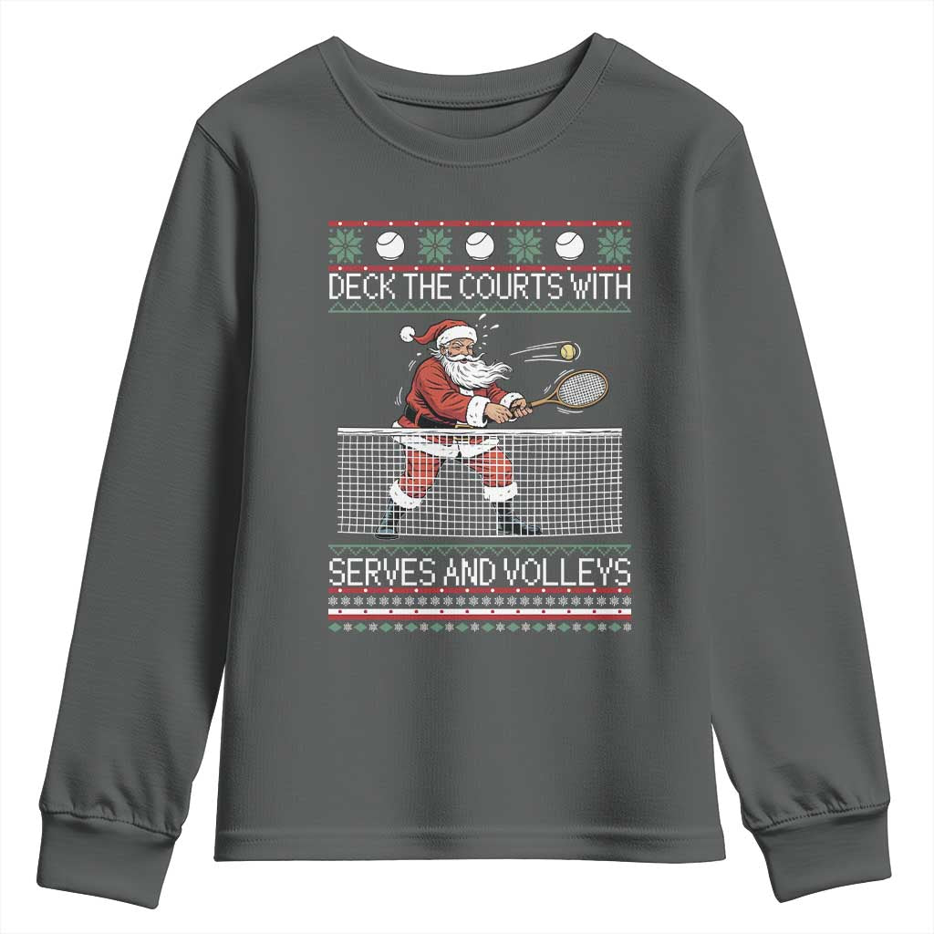Deck The Courts With Serves And Volleys Youth Sweatshirt Funny Tennis Ugly Christmas TS12 Dark Heather Print Your Wear