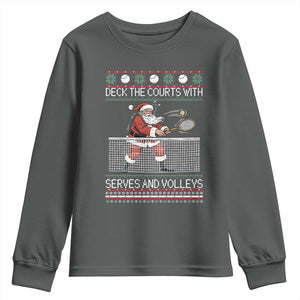 Deck The Courts With Serves And Volleys Youth Sweatshirt Funny Tennis Ugly Christmas TS12 Dark Heather Print Your Wear