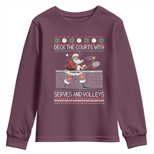 Deck The Courts With Serves And Volleys Youth Sweatshirt Funny Tennis Ugly Christmas TS12 Maroon Print Your Wear