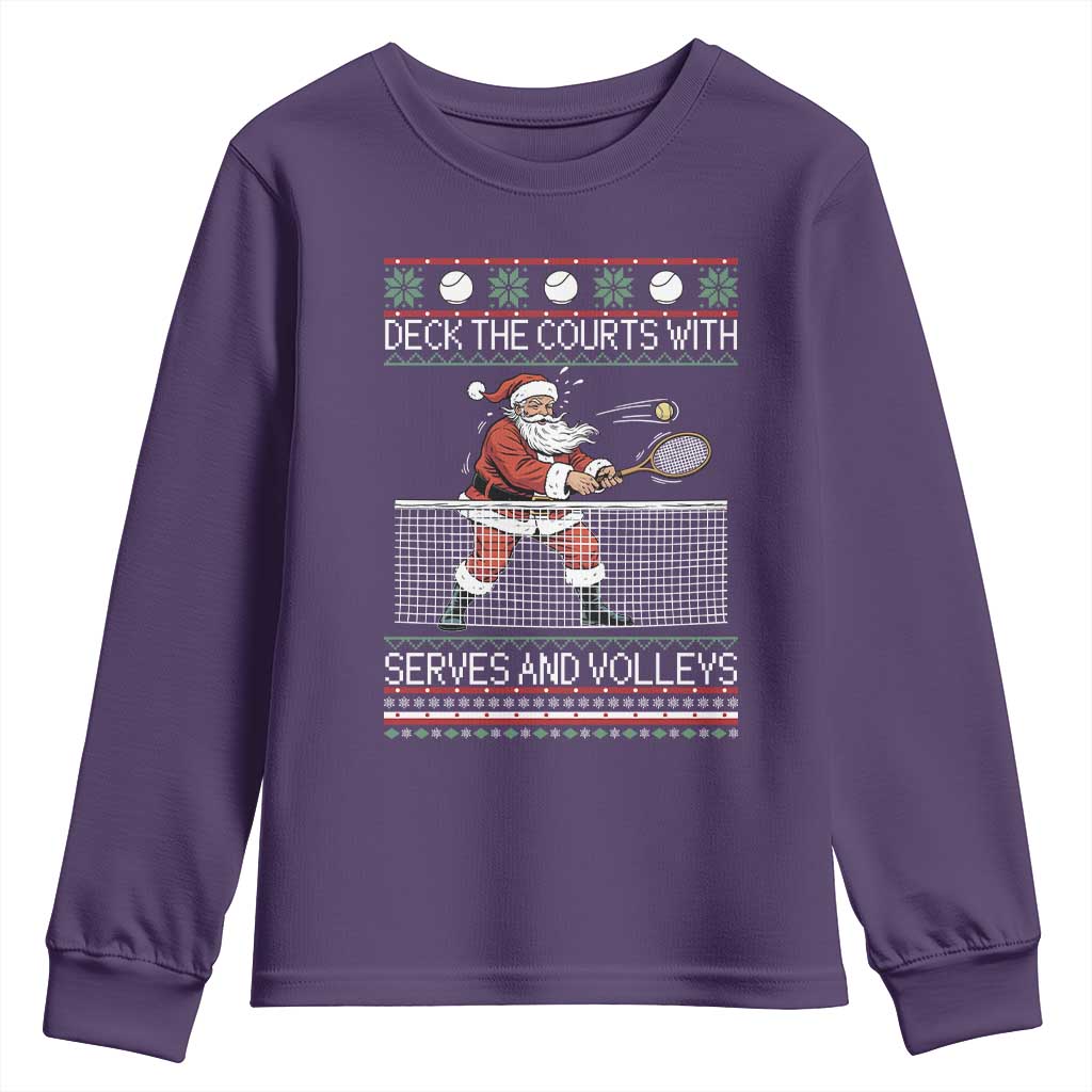 Deck The Courts With Serves And Volleys Youth Sweatshirt Funny Tennis Ugly Christmas TS12 Purple Print Your Wear