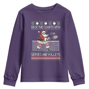 Deck The Courts With Serves And Volleys Youth Sweatshirt Funny Tennis Ugly Christmas TS12 Purple Print Your Wear