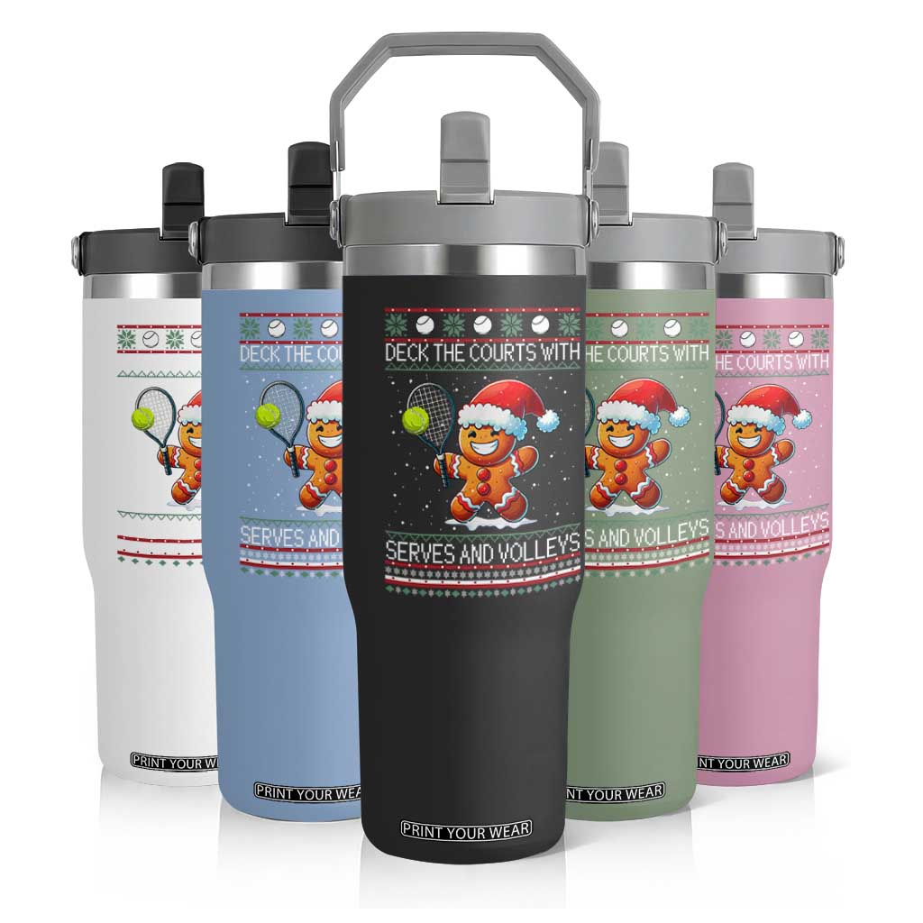 Funny Tennis Ugly Christmas Gingerbread Player Gift Flip Straw Tumbler Deck The Courts With Serves And Volleys TS12 Print Your Wear