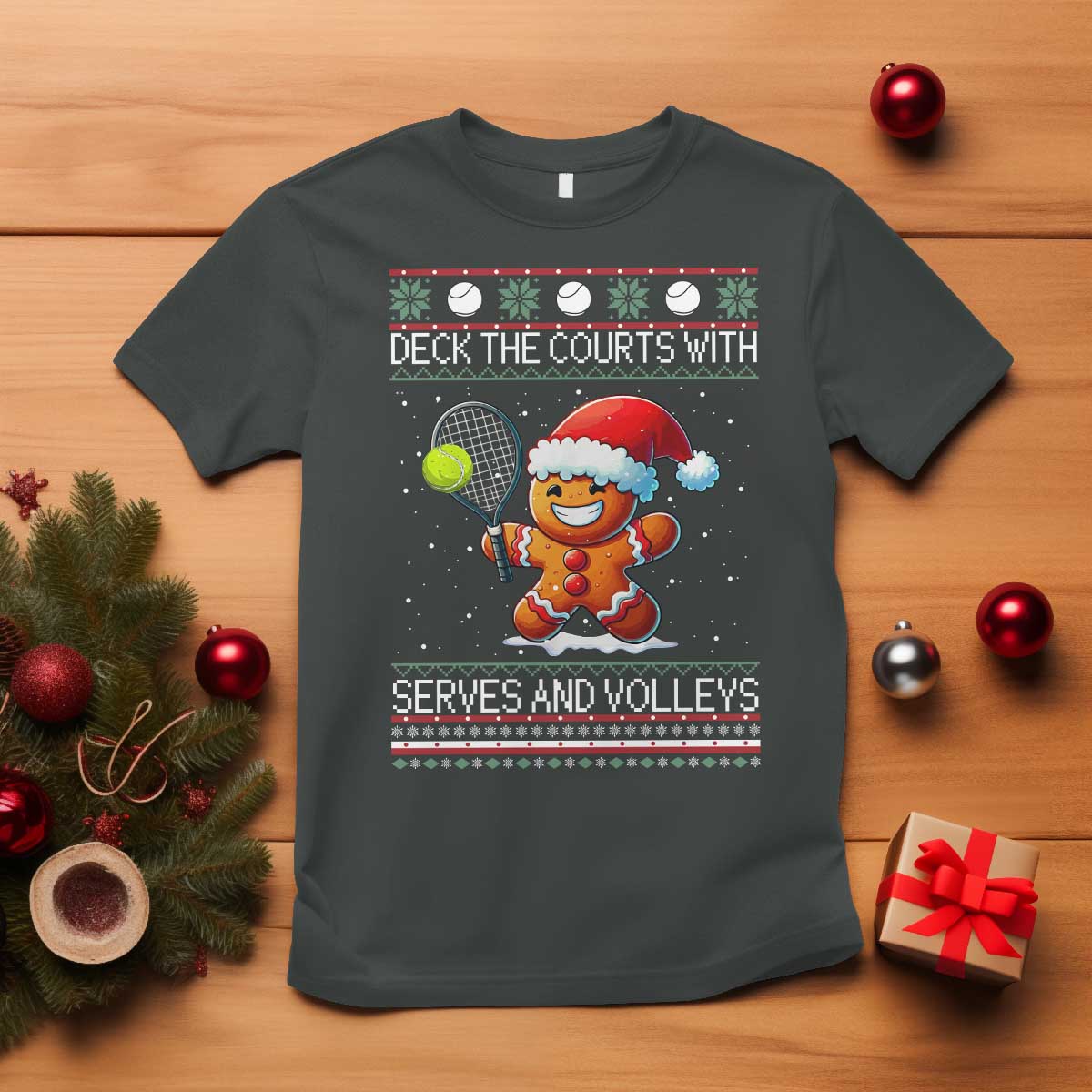 Funny Tennis Ugly Christmas Gingerbread Player Gift T Shirt Deck The Courts With Serves And Volleys TS12 Dark Heather Print Your Wear