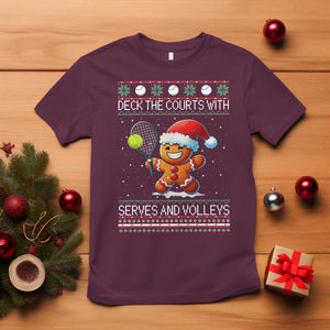 Funny Tennis Ugly Christmas Gingerbread Player Gift T Shirt Deck The Courts With Serves And Volleys TS12 Maroon Print Your Wear