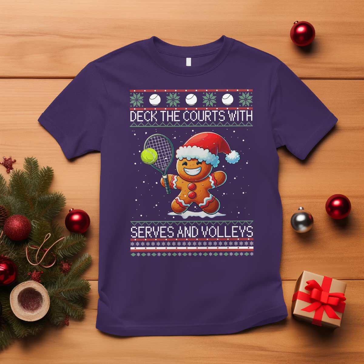 Funny Tennis Ugly Christmas Gingerbread Player Gift T Shirt Deck The Courts With Serves And Volleys TS12 Purple Print Your Wear