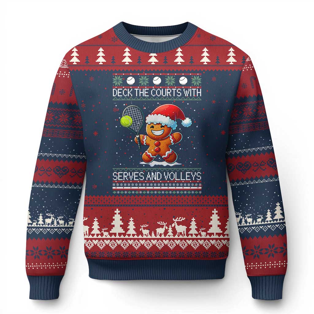 Funny Tennis Ugly Christmas Gingerbread Player Gift Ugly Christmas Sweater Deck The Courts With Serves And Volleys TS12 Navy Red Print Your Wear