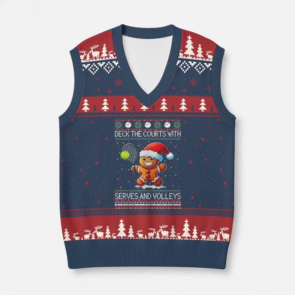 Funny Tennis Ugly Christmas Gingerbread Player Gift V-Neck Knit Sweater Vest Deck The Courts With Serves And Volleys TS12 Navy Red Print Your Wear