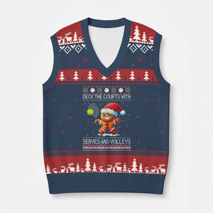 Funny Tennis Ugly Christmas Gingerbread Player Gift V-Neck Knit Sweater Vest Deck The Courts With Serves And Volleys TS12 Navy Red Print Your Wear