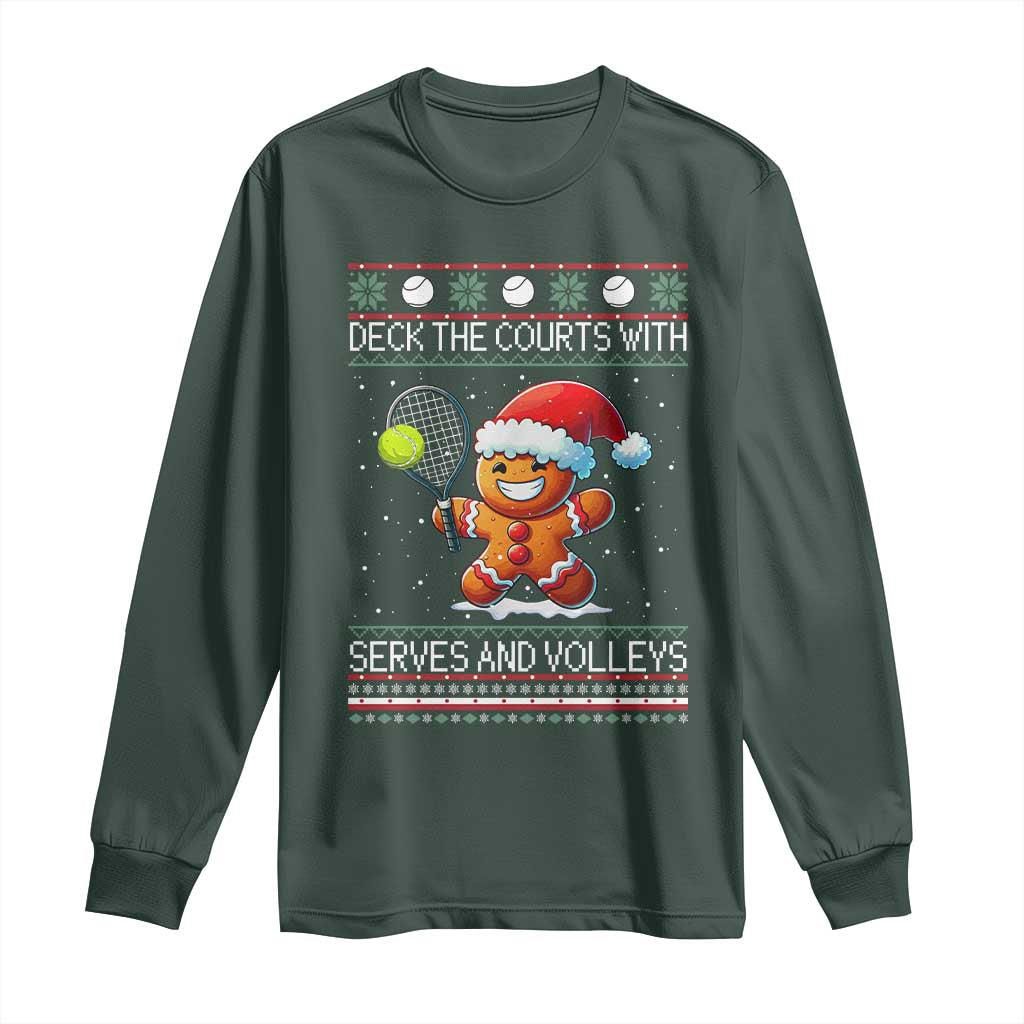 Funny Tennis Ugly Christmas Gingerbread Player Gift Long Sleeve Shirt Deck The Courts With Serves And Volleys TS12 Dark Forest Green Print Your Wear
