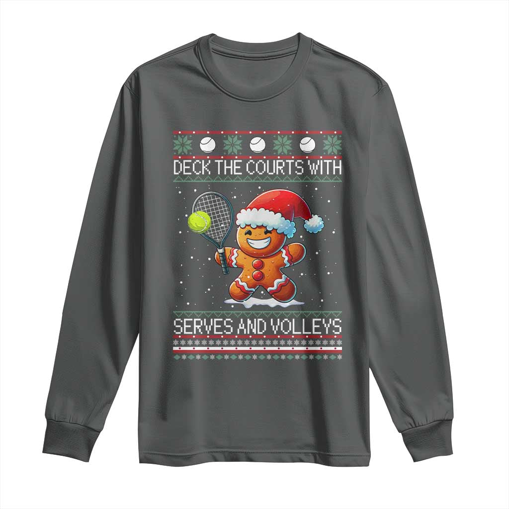 Funny Tennis Ugly Christmas Gingerbread Player Gift Long Sleeve Shirt Deck The Courts With Serves And Volleys TS12 Dark Heather Print Your Wear