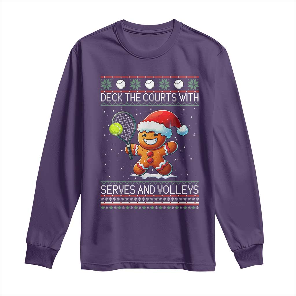 Funny Tennis Ugly Christmas Gingerbread Player Gift Long Sleeve Shirt Deck The Courts With Serves And Volleys TS12 Purple Print Your Wear