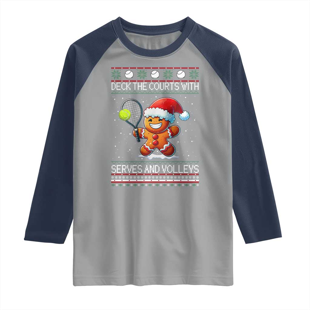 Funny Tennis Ugly Christmas Gingerbread Player Gift Raglan Shirt Deck The Courts With Serves And Volleys TS12 Sport Gray Navy Print Your Wear