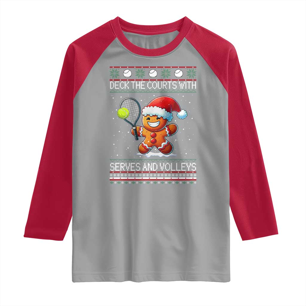 Funny Tennis Ugly Christmas Gingerbread Player Gift Raglan Shirt Deck The Courts With Serves And Volleys TS12 Sport Gray Red Print Your Wear