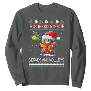 Funny Tennis Ugly Christmas Gingerbread Player Gift Sweatshirt Deck The Courts With Serves And Volleys TS12 Dark Heather Print Your Wear