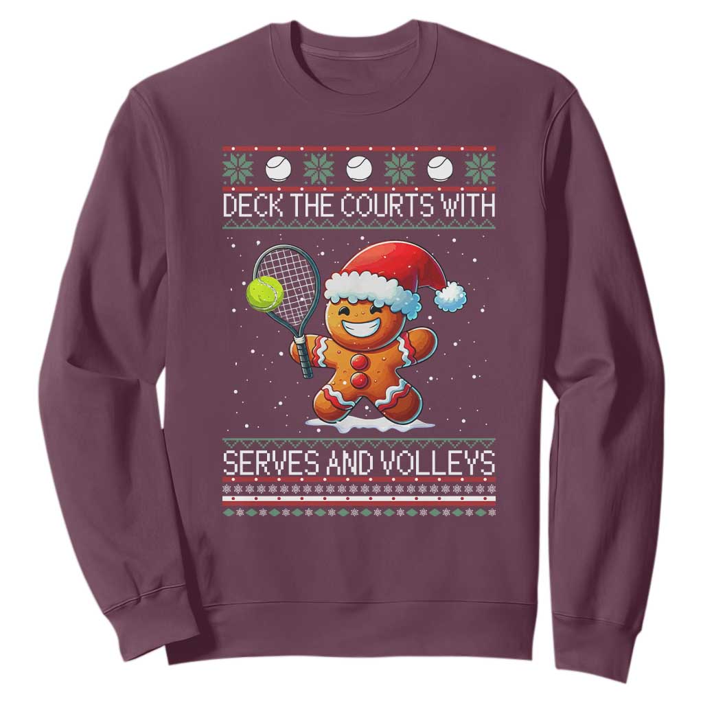 Funny Tennis Ugly Christmas Gingerbread Player Gift Sweatshirt Deck The Courts With Serves And Volleys TS12 Maroon Print Your Wear