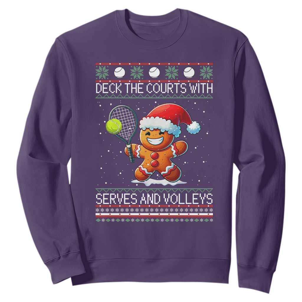 Funny Tennis Ugly Christmas Gingerbread Player Gift Sweatshirt Deck The Courts With Serves And Volleys TS12 Purple Print Your Wear