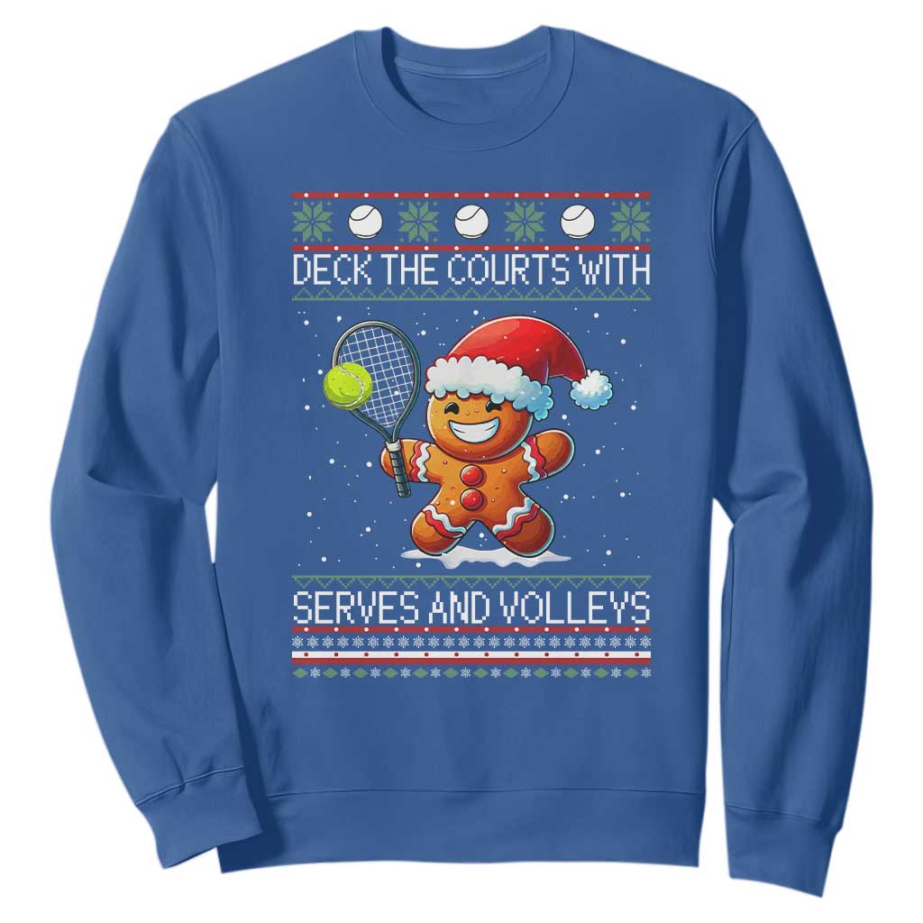 Funny Tennis Ugly Christmas Gingerbread Player Gift Sweatshirt Deck The Courts With Serves And Volleys TS12 Royal Blue Print Your Wear
