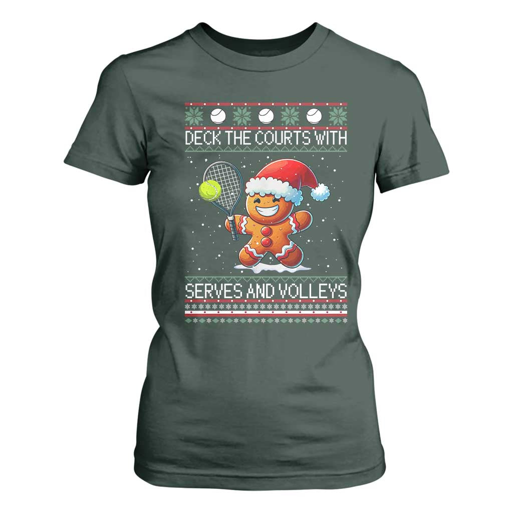 Funny Tennis Ugly Christmas Gingerbread Player Gift T Shirt For Women Deck The Courts With Serves And Volleys TS12 Dark Forest Green Print Your Wear