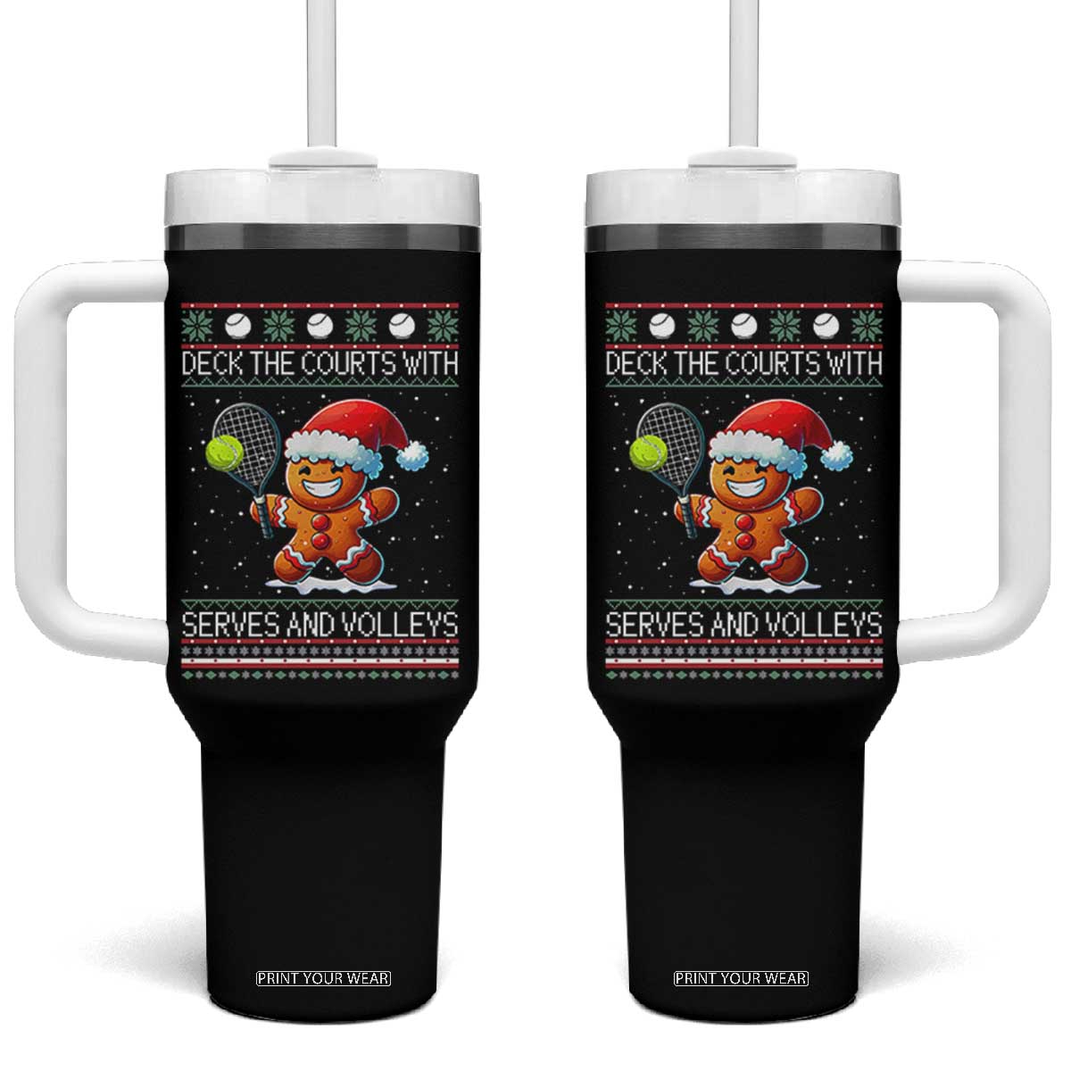 Funny Tennis Ugly Christmas Gingerbread Player Gift Tumbler With Handle Deck The Courts With Serves And Volleys TS12 One Size: 40 oz Black Print Your Wear