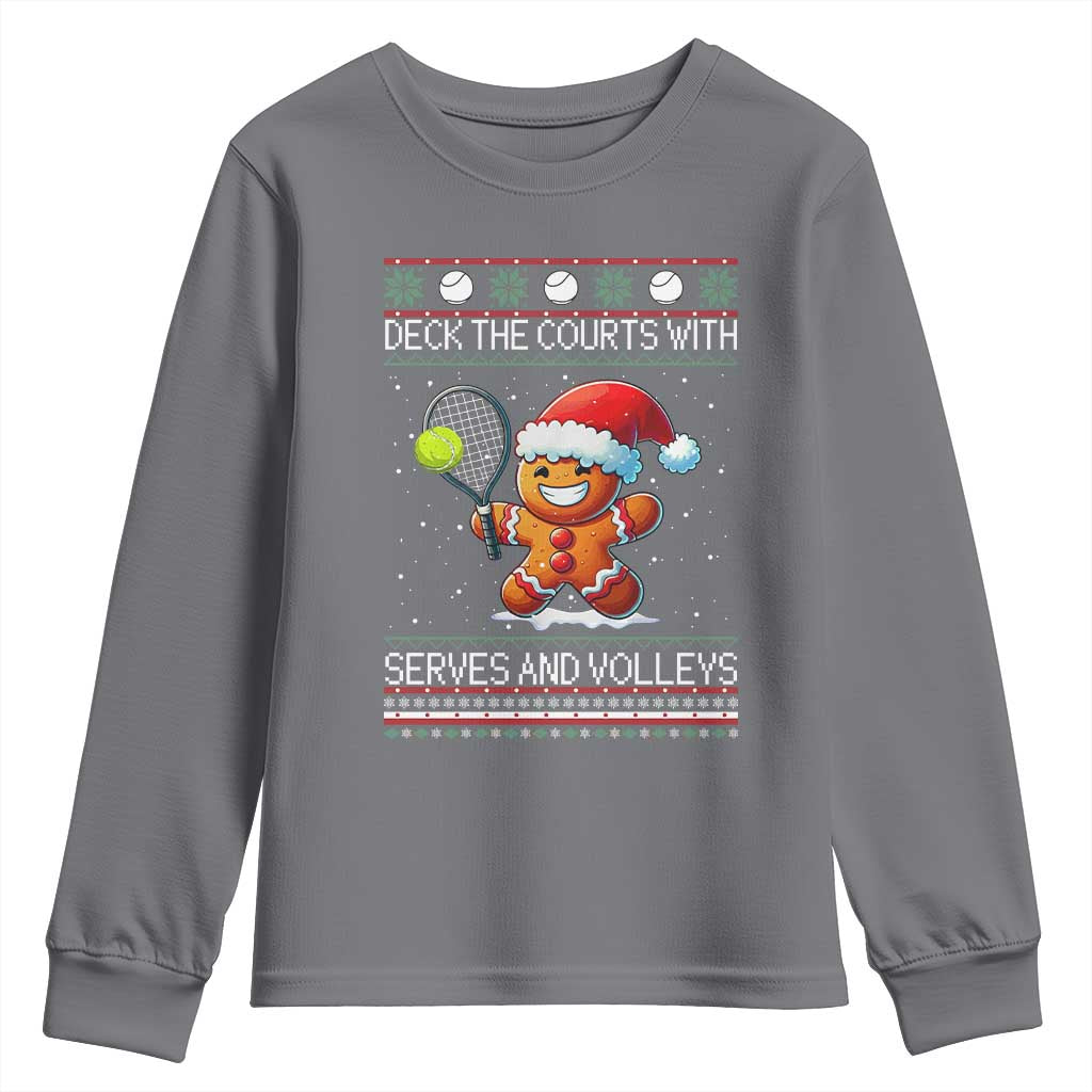 Funny Tennis Ugly Christmas Gingerbread Player Gift Youth Sweatshirt Deck The Courts With Serves And Volleys TS12 Charcoal Print Your Wear
