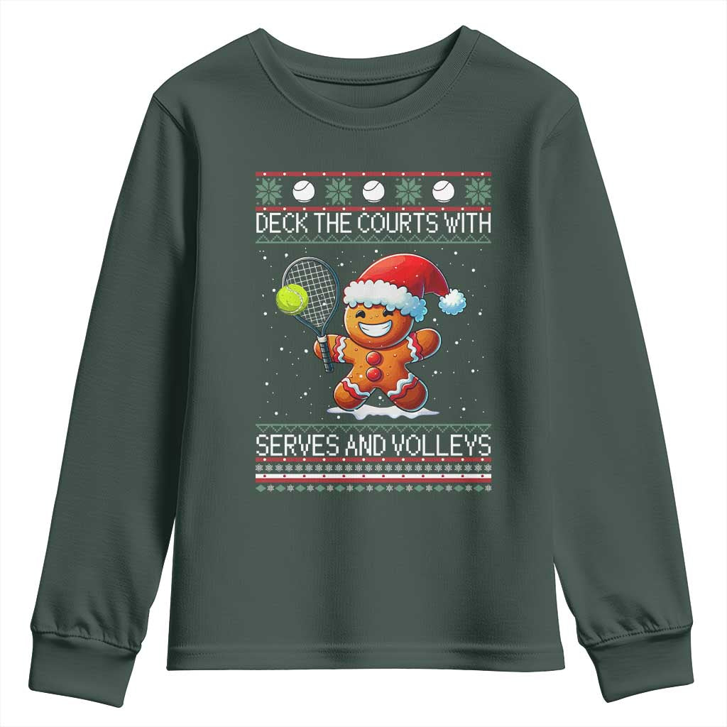 Funny Tennis Ugly Christmas Gingerbread Player Gift Youth Sweatshirt Deck The Courts With Serves And Volleys TS12 Dark Forest Green Print Your Wear