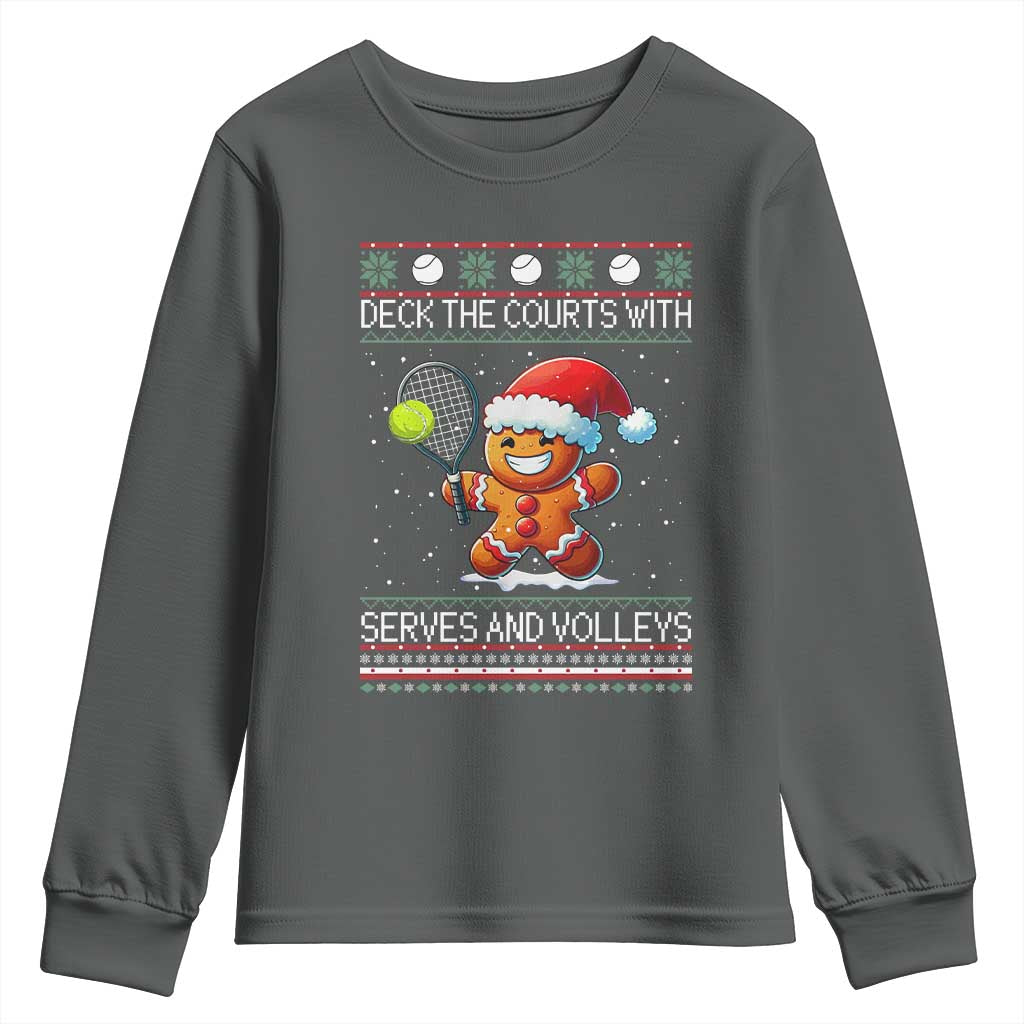 Funny Tennis Ugly Christmas Gingerbread Player Gift Youth Sweatshirt Deck The Courts With Serves And Volleys TS12 Dark Heather Print Your Wear