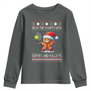 Funny Tennis Ugly Christmas Gingerbread Player Gift Youth Sweatshirt Deck The Courts With Serves And Volleys TS12 Dark Heather Print Your Wear