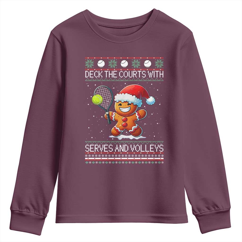 Funny Tennis Ugly Christmas Gingerbread Player Gift Youth Sweatshirt Deck The Courts With Serves And Volleys TS12 Maroon Print Your Wear