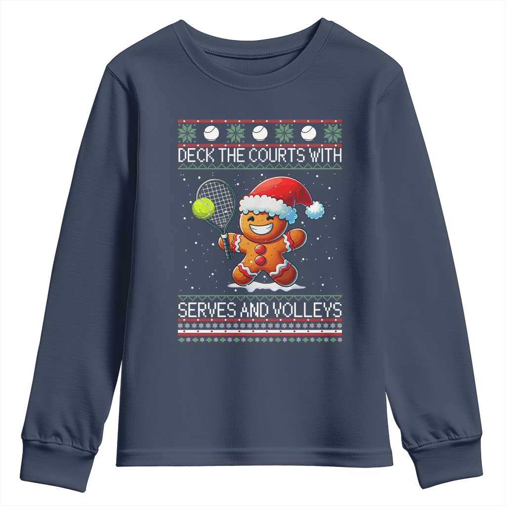 Funny Tennis Ugly Christmas Gingerbread Player Gift Youth Sweatshirt Deck The Courts With Serves And Volleys TS12 Navy Print Your Wear