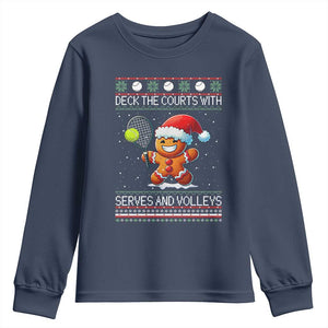 Funny Tennis Ugly Christmas Gingerbread Player Gift Youth Sweatshirt Deck The Courts With Serves And Volleys TS12 Navy Print Your Wear