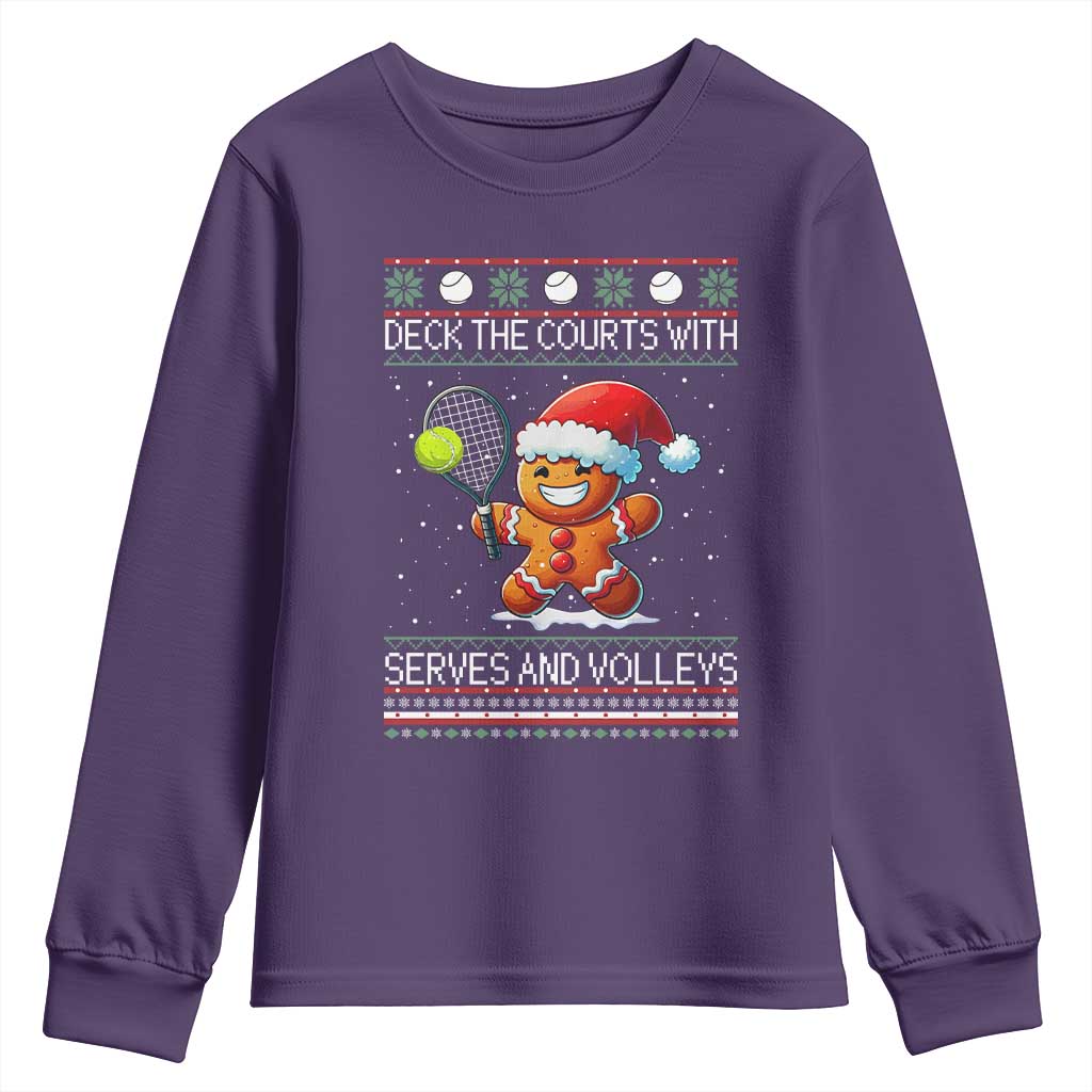 Funny Tennis Ugly Christmas Gingerbread Player Gift Youth Sweatshirt Deck The Courts With Serves And Volleys TS12 Purple Print Your Wear
