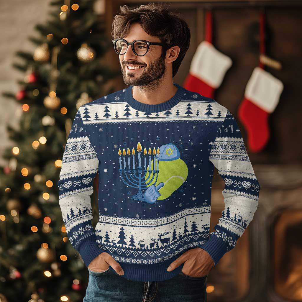 Jewish Tennis Player Hanukkah Ugly Christmas Sweater Funny Racquet Lover Gift TS12 Navy Beige Print Your Wear