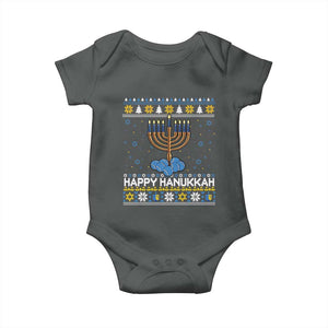 Funny Happy Hanukkah Ugly Sweater Tennis Lover Gift Baby Onesie TS12 Dark Heather Print Your Wear