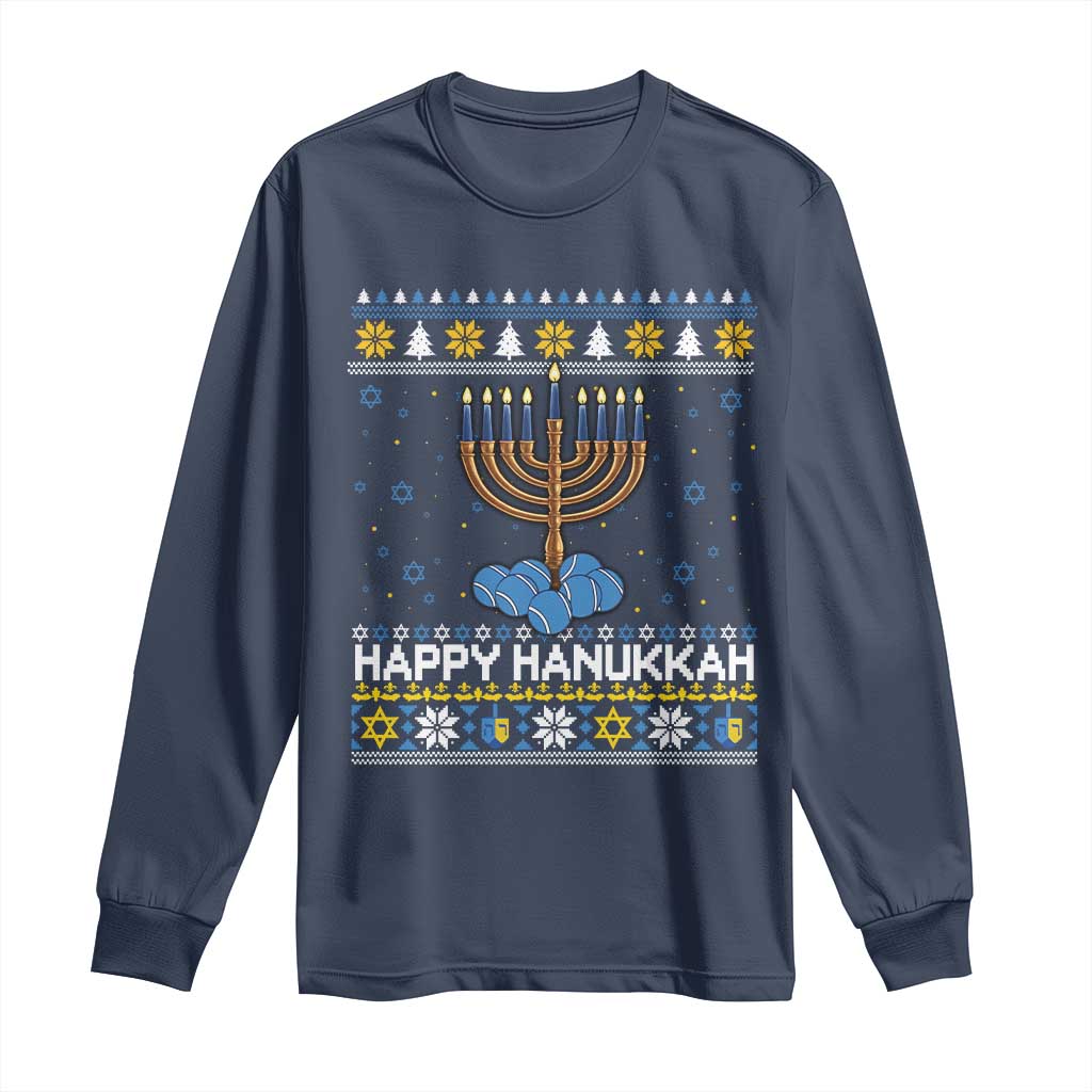 Funny Happy Hanukkah Ugly Sweater Tennis Lover Gift Long Sleeve Shirt TS12 Navy Print Your Wear