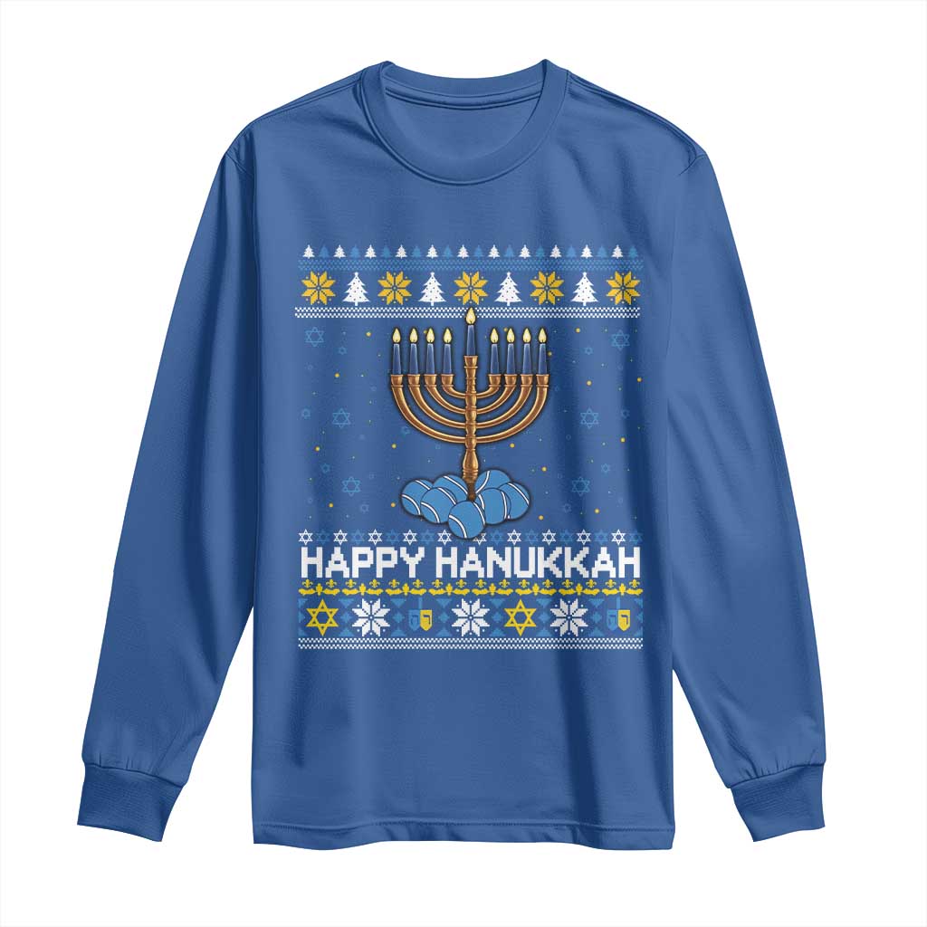 Funny Happy Hanukkah Ugly Sweater Tennis Lover Gift Long Sleeve Shirt TS12 Royal Blue Print Your Wear