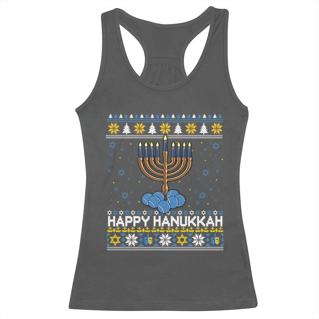 Funny Happy Hanukkah Ugly Sweater Tennis Lover Gift Racerback Tank Top TS12 Dark Heather Print Your Wear