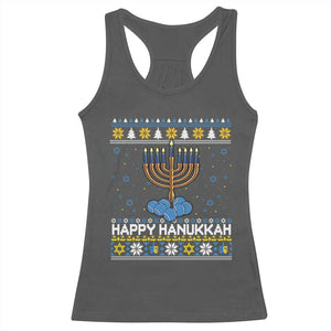 Funny Happy Hanukkah Ugly Sweater Tennis Lover Gift Racerback Tank Top TS12 Dark Heather Print Your Wear