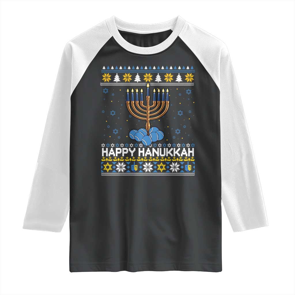 Funny Happy Hanukkah Ugly Sweater Tennis Lover Gift Raglan Shirt TS12 Black White Print Your Wear