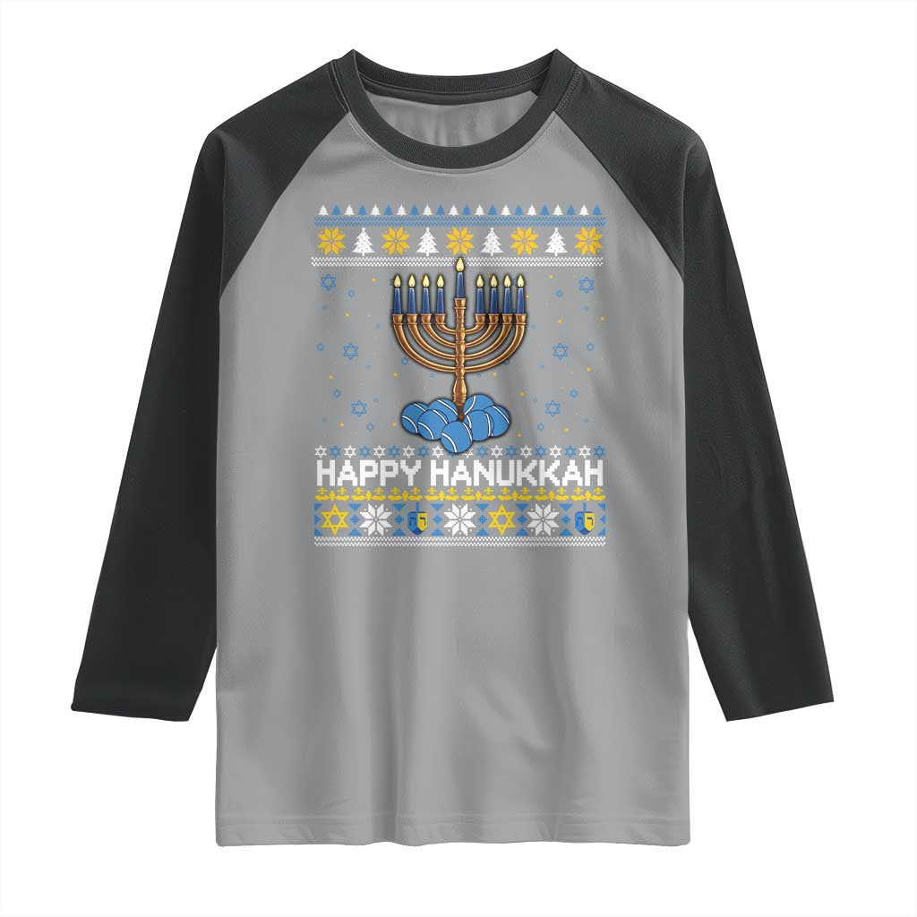 Funny Happy Hanukkah Ugly Sweater Tennis Lover Gift Raglan Shirt TS12 Sport Gray Black Print Your Wear