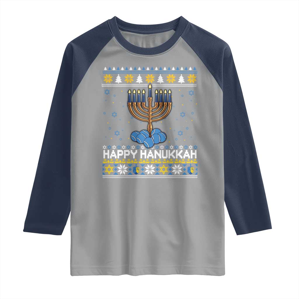 Funny Happy Hanukkah Ugly Sweater Tennis Lover Gift Raglan Shirt TS12 Sport Gray Navy Print Your Wear