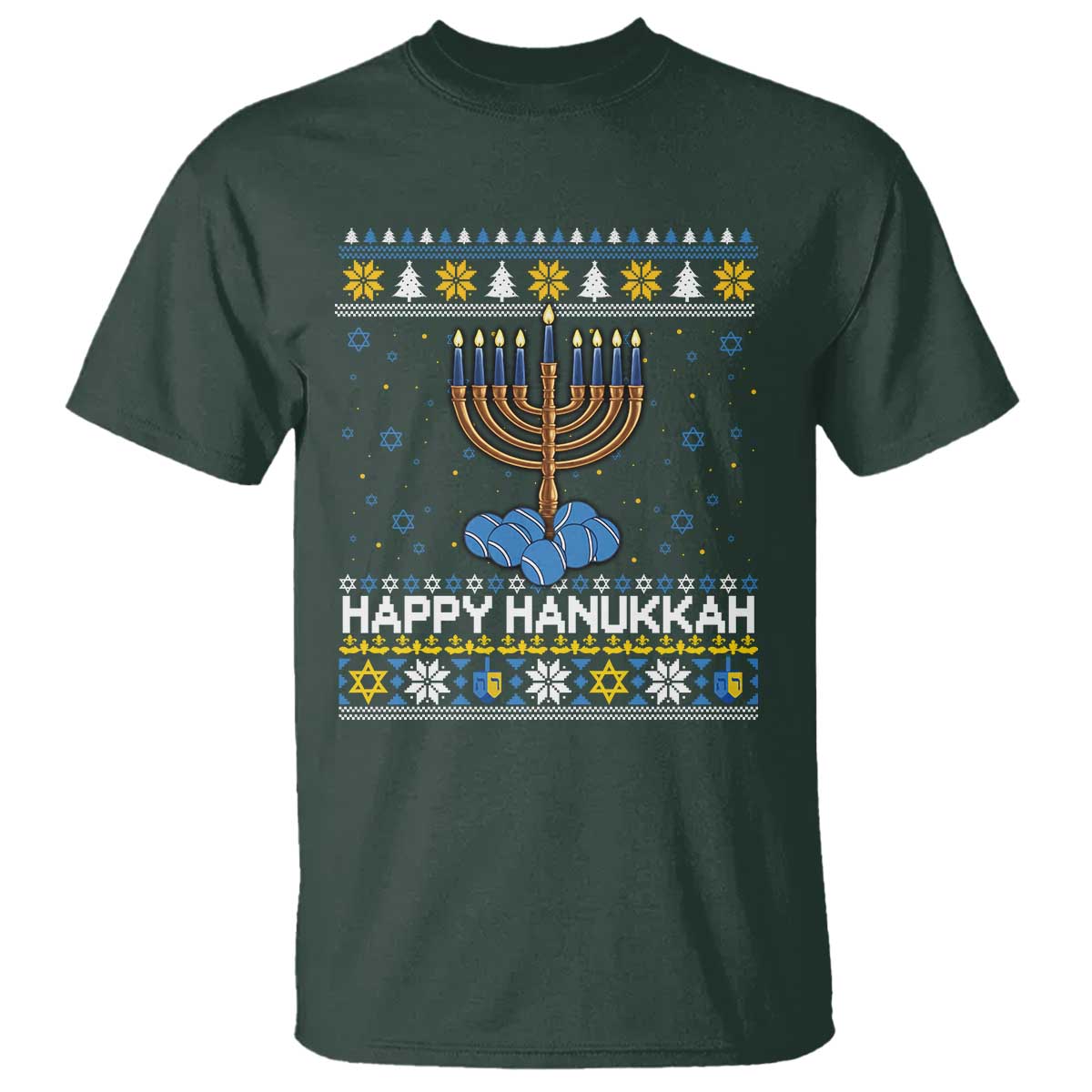 Funny Happy Hanukkah Ugly Sweater Tennis Lover Gift T Shirt TS12 Dark Forest Green Print Your Wear