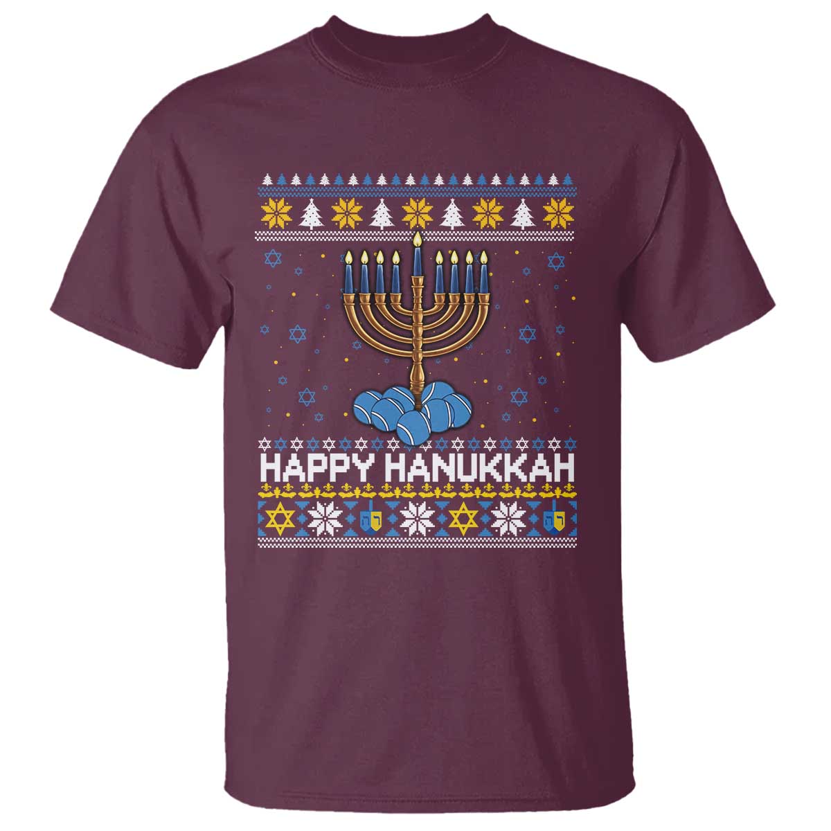 Funny Happy Hanukkah Ugly Sweater Tennis Lover Gift T Shirt TS12 Maroon Print Your Wear