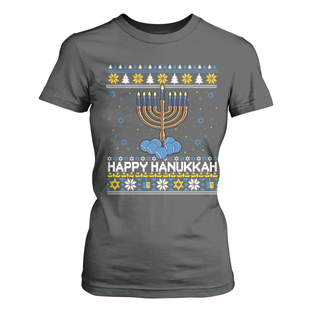 Funny Happy Hanukkah Ugly Sweater Tennis Lover Gift T Shirt For Women TS12 Dark Heather Print Your Wear