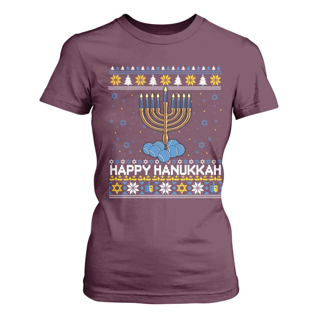 Funny Happy Hanukkah Ugly Sweater Tennis Lover Gift T Shirt For Women TS12 Maroon Print Your Wear
