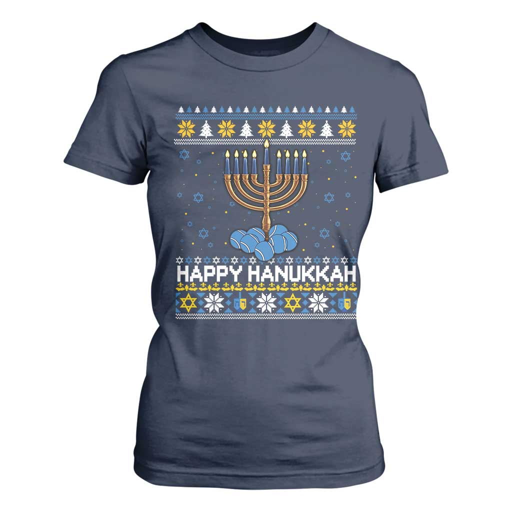 Funny Happy Hanukkah Ugly Sweater Tennis Lover Gift T Shirt For Women TS12 Navy Print Your Wear