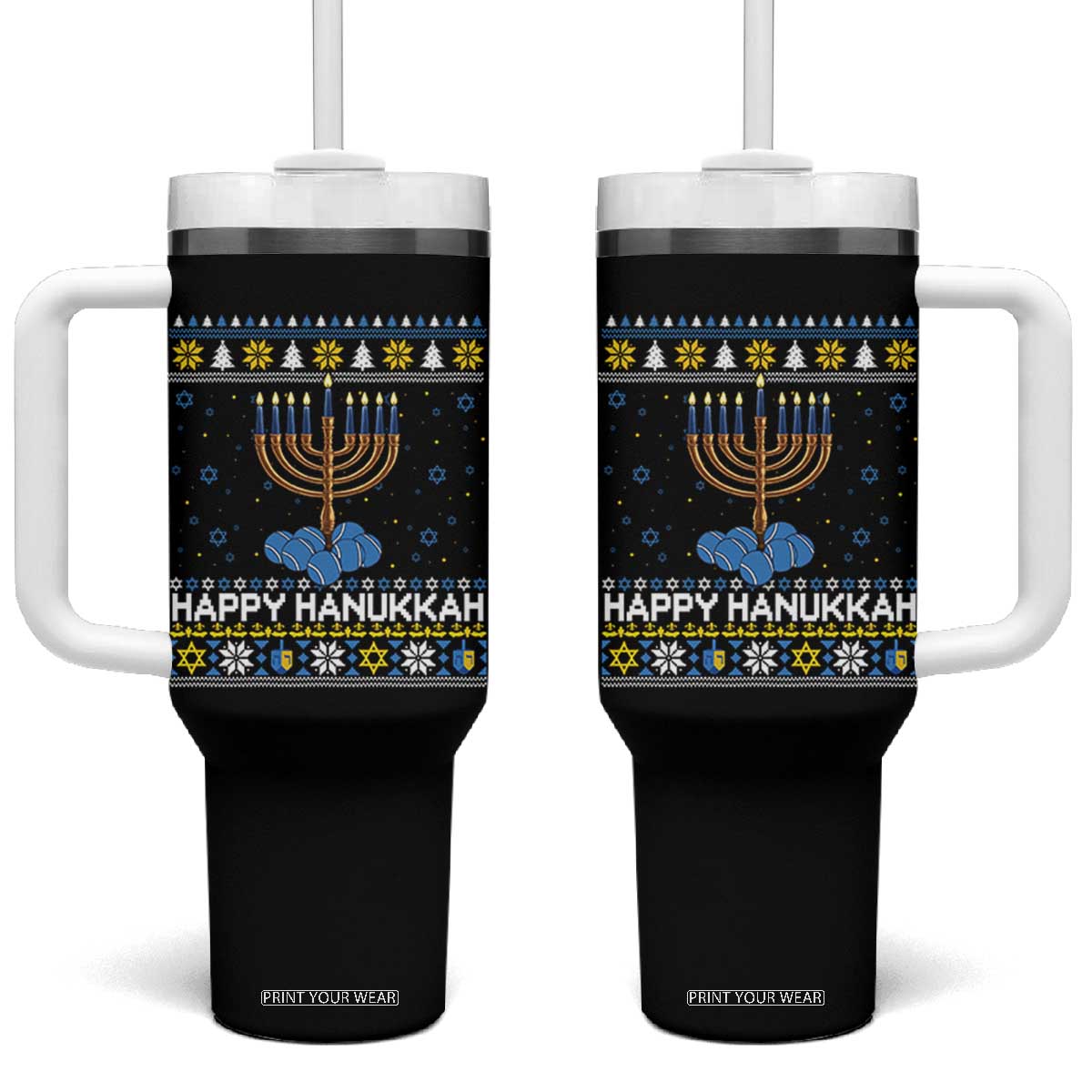 Funny Happy Hanukkah Ugly Sweater Tennis Lover Gift Tumbler With Handle TS12 One Size: 40 oz Black Print Your Wear