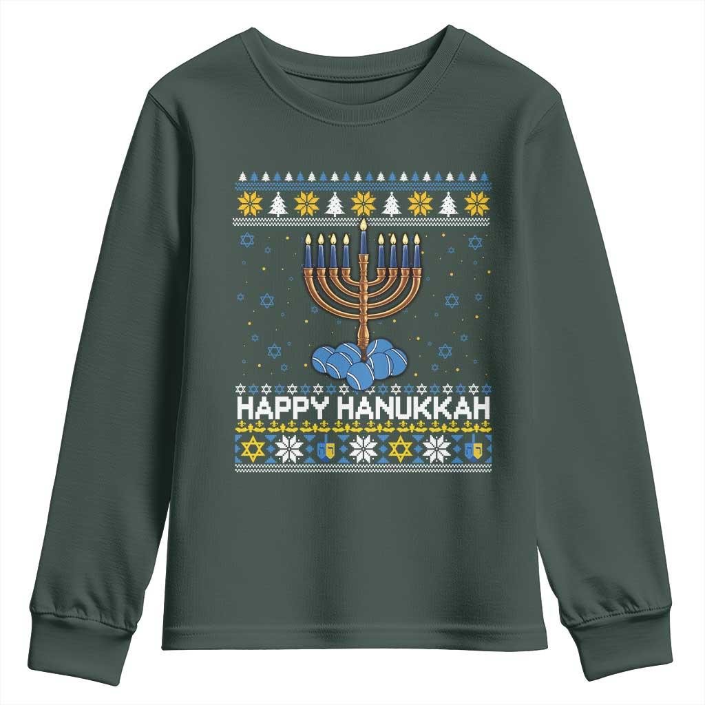 Funny Happy Hanukkah Ugly Sweater Tennis Lover Gift Youth Sweatshirt TS12 Dark Forest Green Print Your Wear