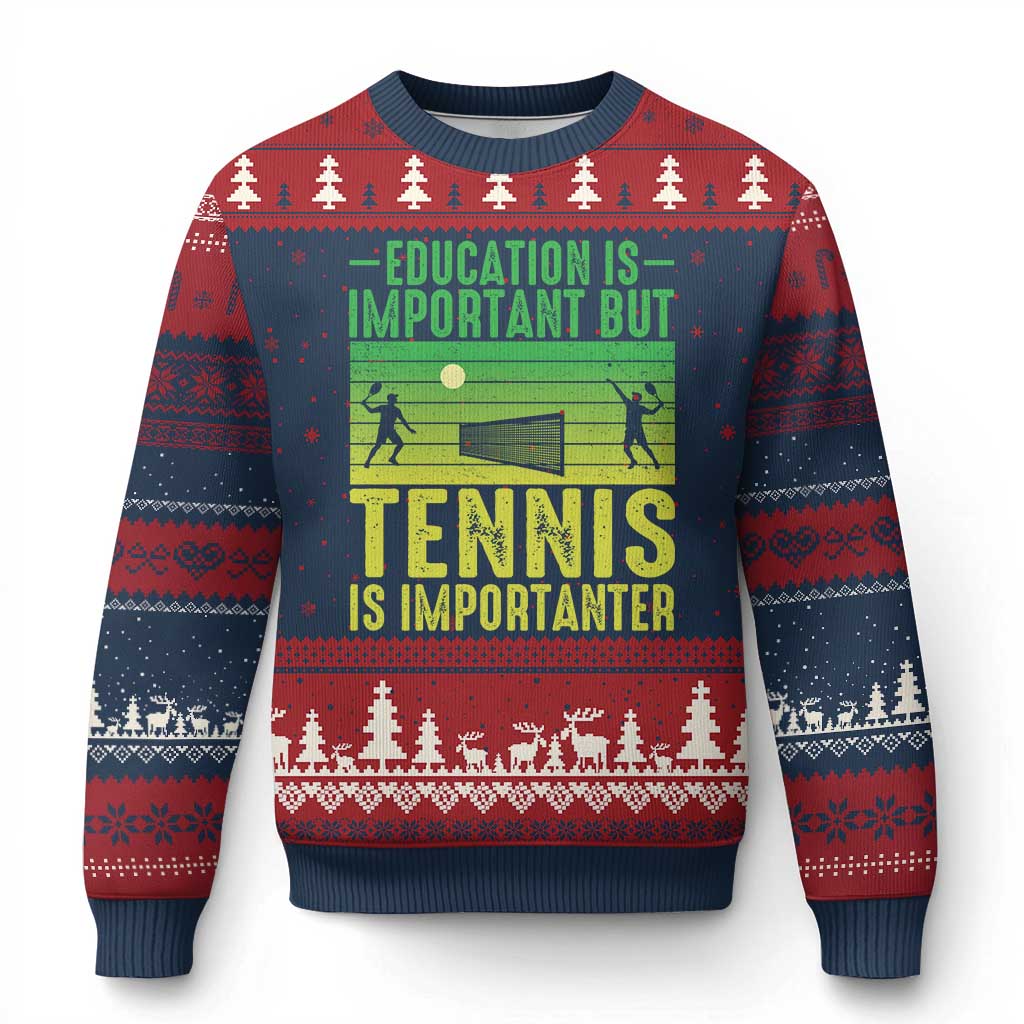 Vintage Retro Tennis Quote Ugly Christmas Sweater Education Is Important But Tennis Is Importanter TS12 Navy Red Print Your Wear