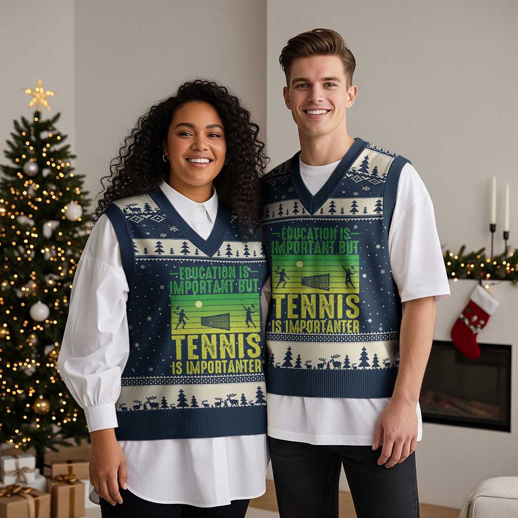 Vintage Retro Tennis Quote V-Neck Knit Sweater Vest Education Is Important But Tennis Is Importanter TS12 Navy Beige Print Your Wear